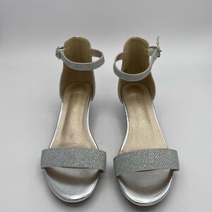 Pandaninja Silver Glitter Sparkle Ankle Strap Low Block Heel Sandals Size 3 Kids